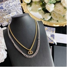 Christian Dior Clair D Lune CD Logo Diamond Pendant Women Dvoubarevný náhrdelník s dvojitým článkovým řetízkem