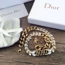 Náhrdelník Dior s logem Dior, tlustý řetízek, diamant Marquise, pro ženy, starožitná mosaz, bílý krystal, falešný...